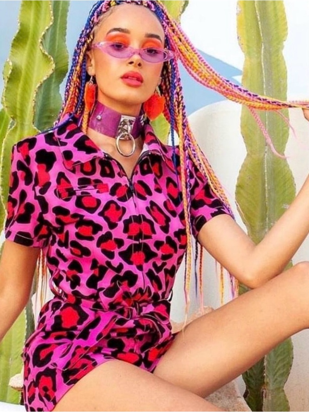 Pink Leopard Print One-Piece Romper with Front Zip